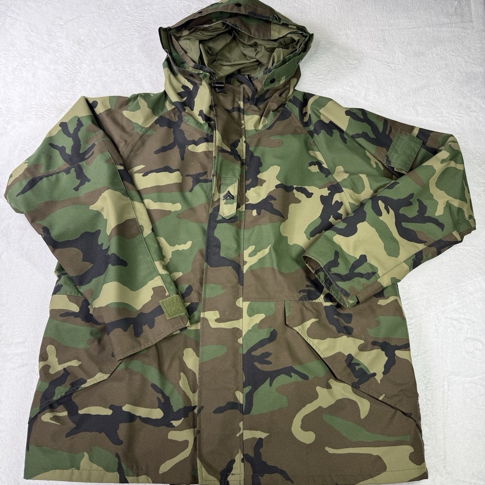 US Army Jacket Mens Large Green Camo Woodland Cold Weather Full Zip Hoodie Parka
